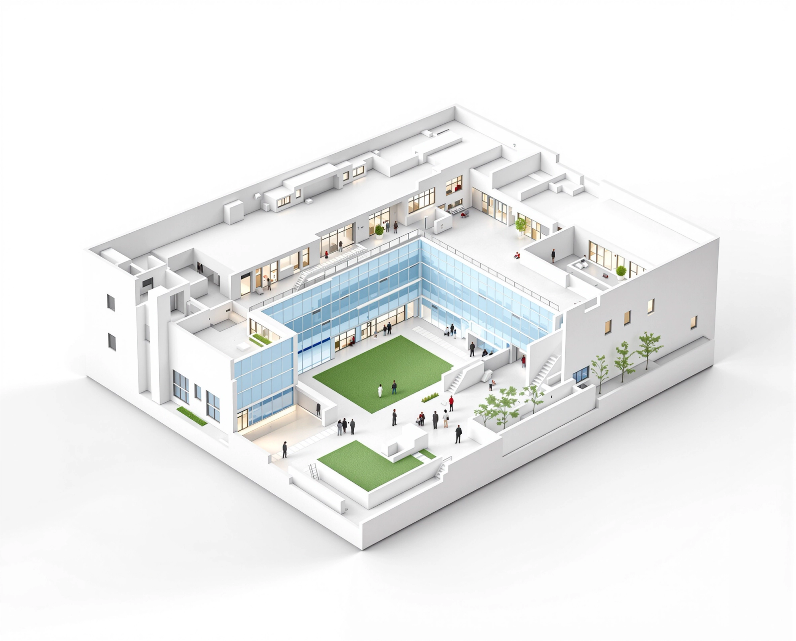 A 3D map of a school showing camera coverage at entrances, hallways and the courtyard