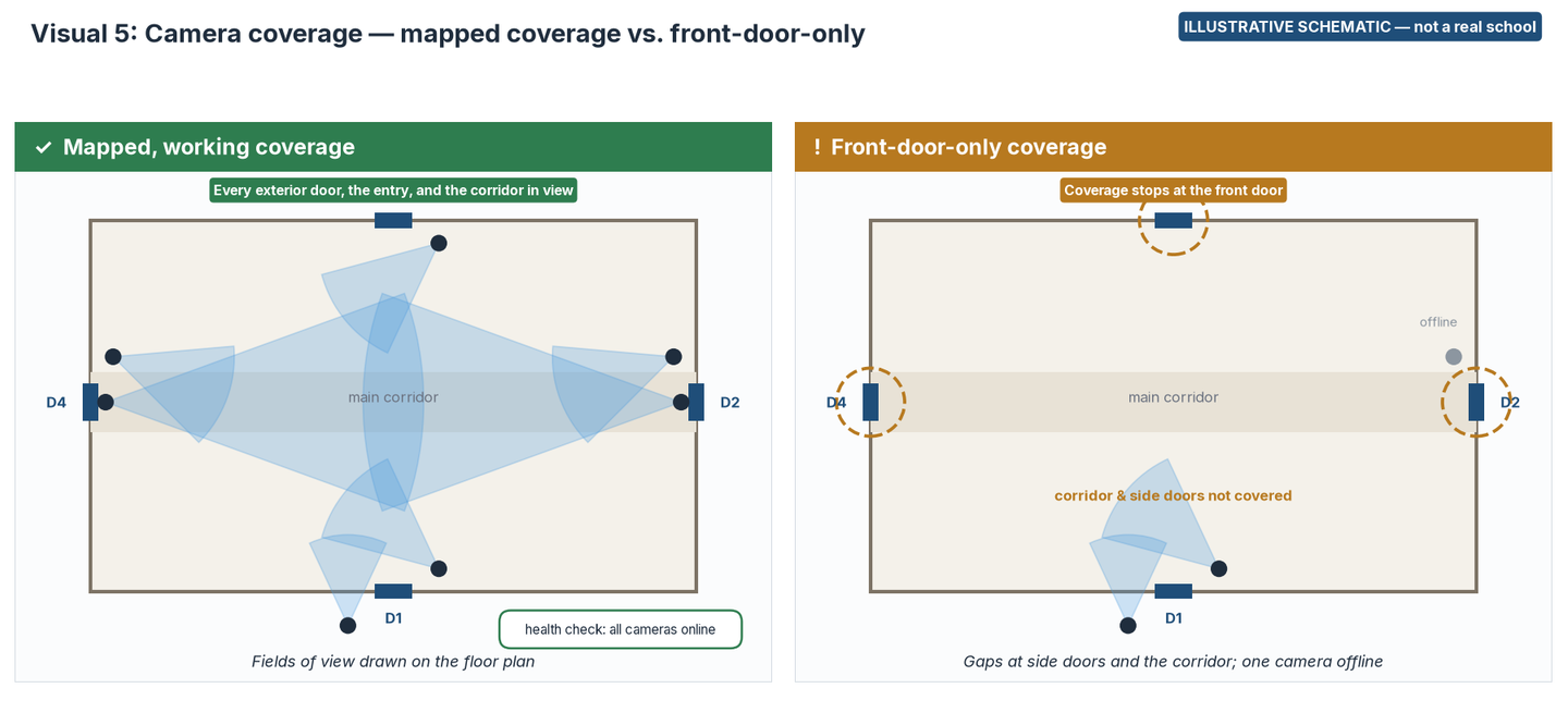Floor-plan schematic comparing camera fields of view that cover every exterior door and the main corridor, with coverage only at the front door and one camera offline.