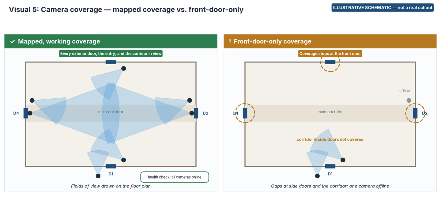 Floor-plan schematic comparing camera fields of view that cover every exterior door and the main corridor, with coverage only at the front door and one camera offline.