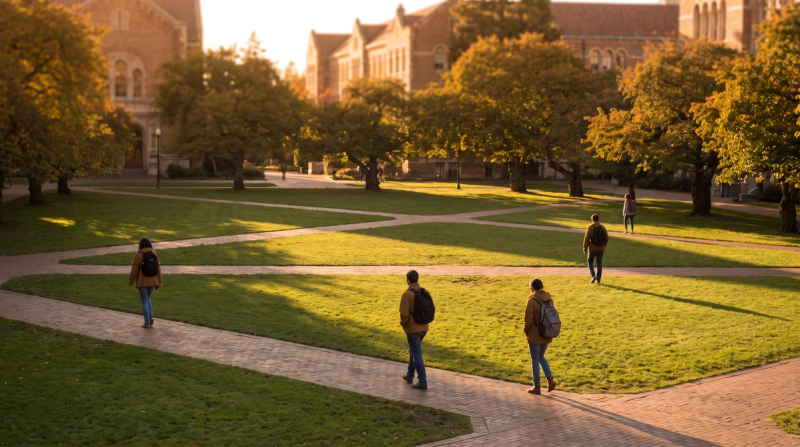 Students crossing a university quad on brick paths at golden hour.