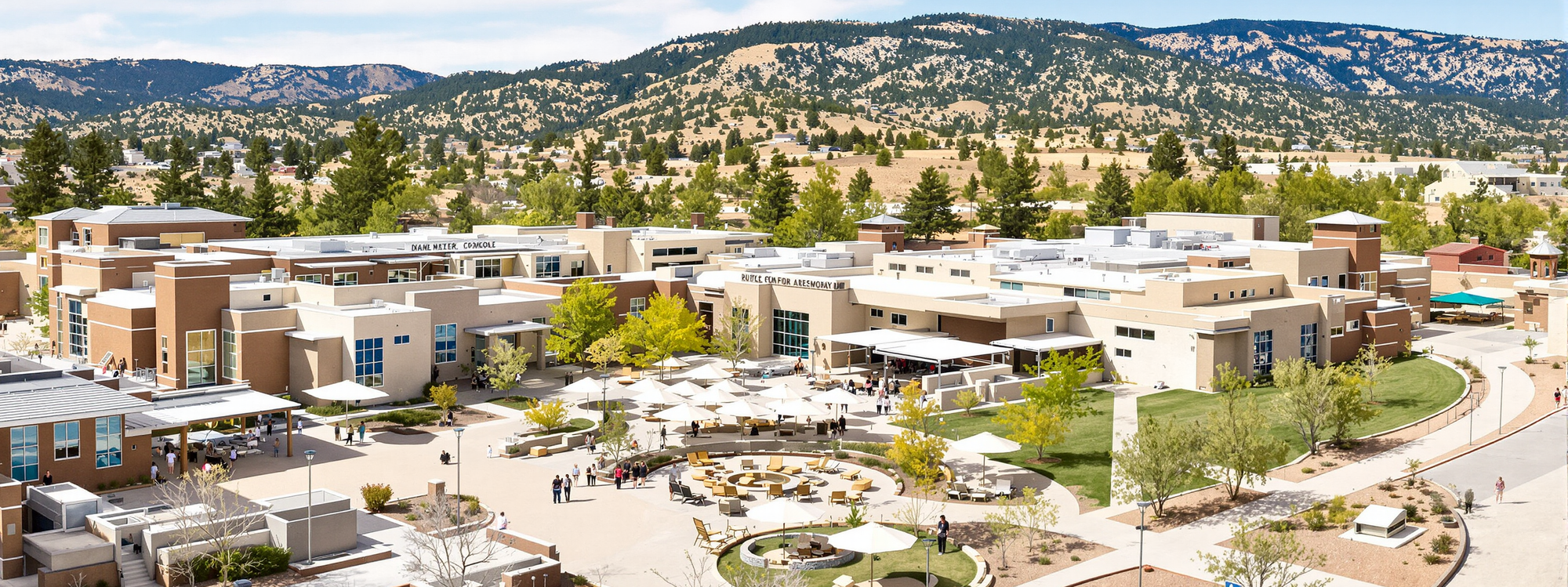 A high desert school campus with shaded courtyards and pine hills beyond