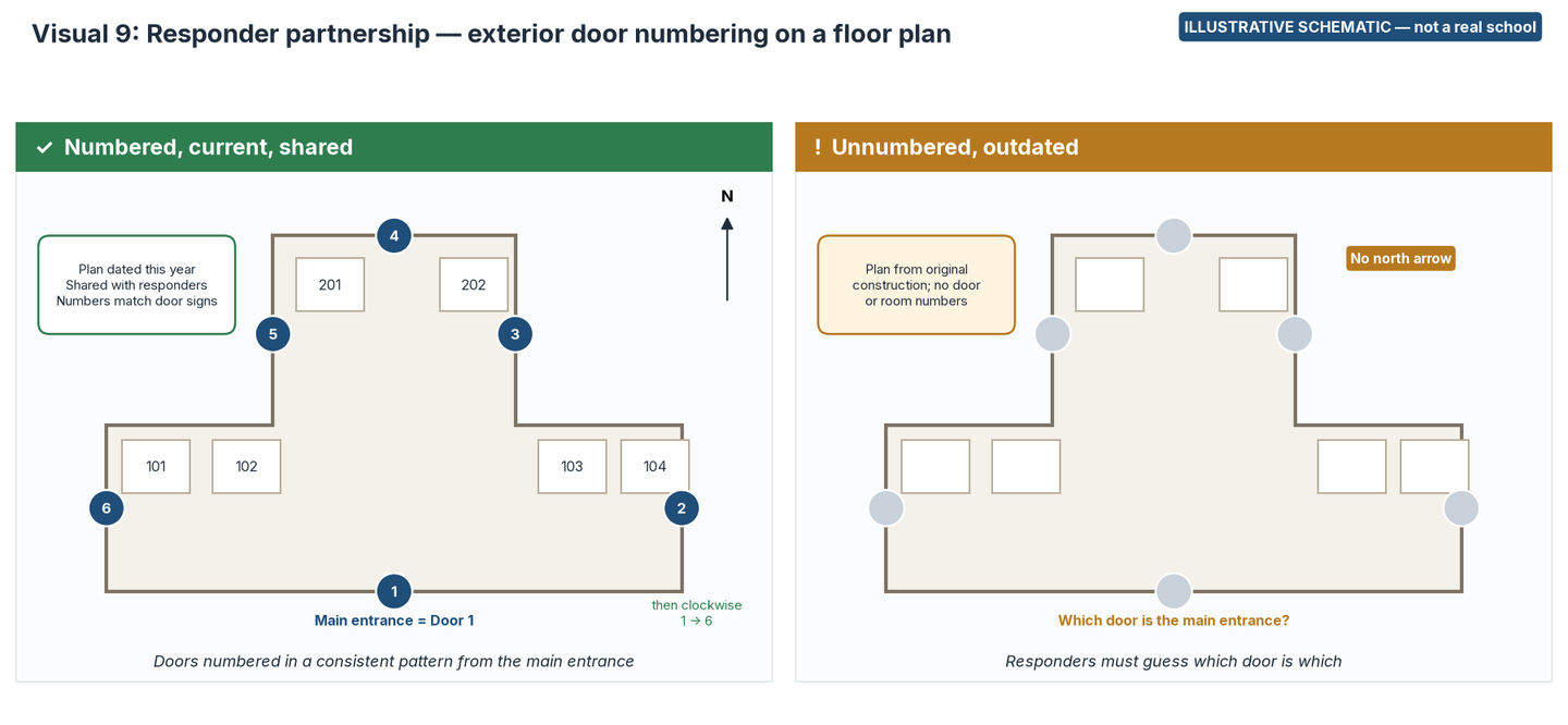 Floor-plan schematic comparing exterior doors numbered clockwise from the main entrance as Door 1, with a north arrow and current date, against an outdated plan with no door or room numbers.