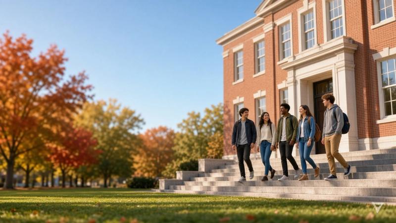 Students leaving a brick campus classroom building on a sunny afternoon.