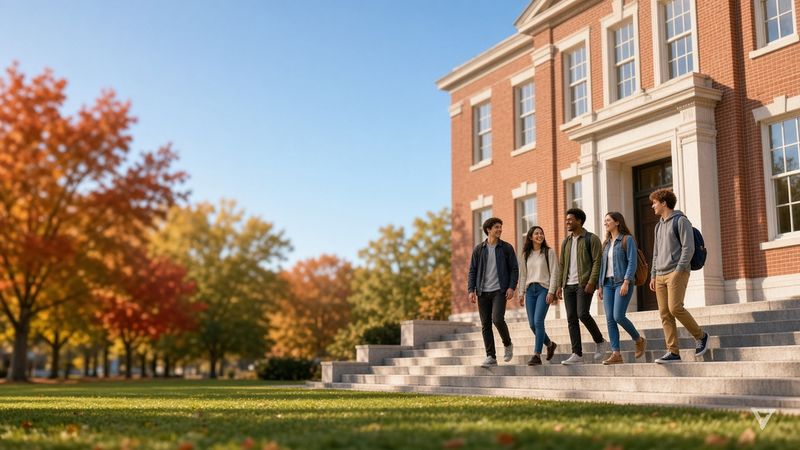 Students leaving a brick campus classroom building on a sunny afternoon.