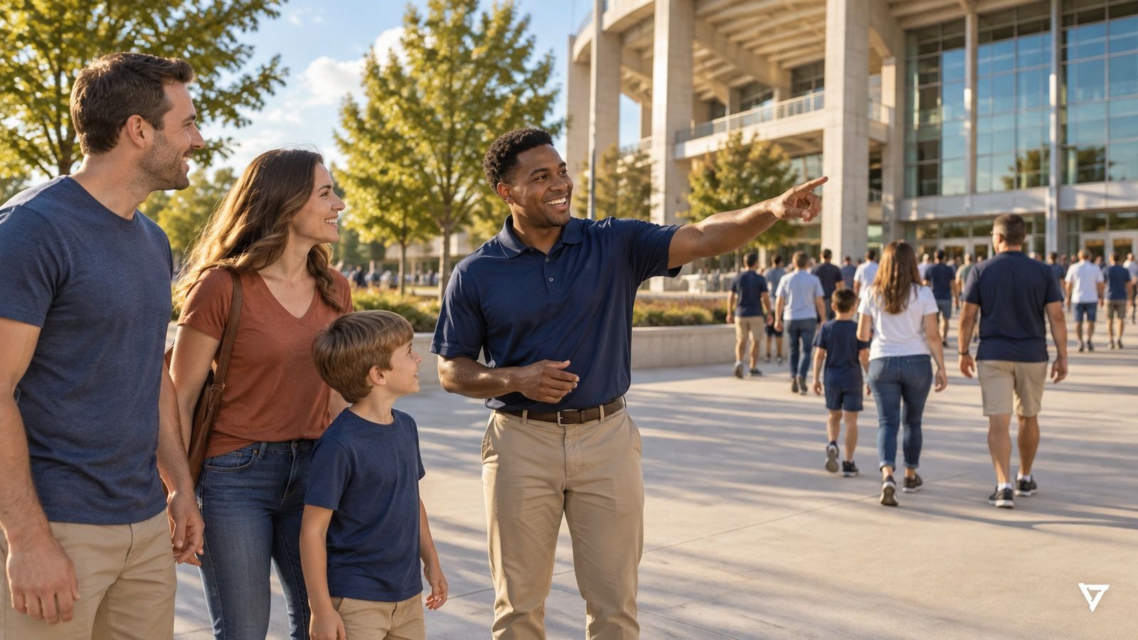 Event staff member in a navy polo smiles and points a family toward the entrance as fans walk across a sunlit plaza outside a college stadium before a game.