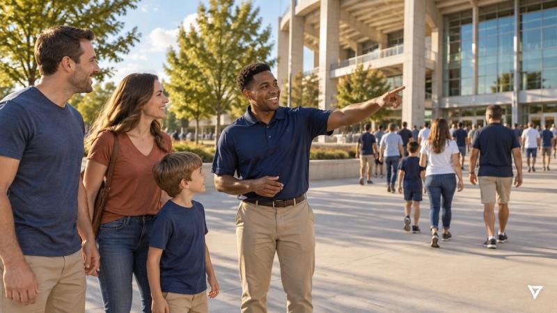 Event staff member in a navy polo smiles and points a family toward the entrance as fans walk across a sunlit plaza outside a college stadium before a game.