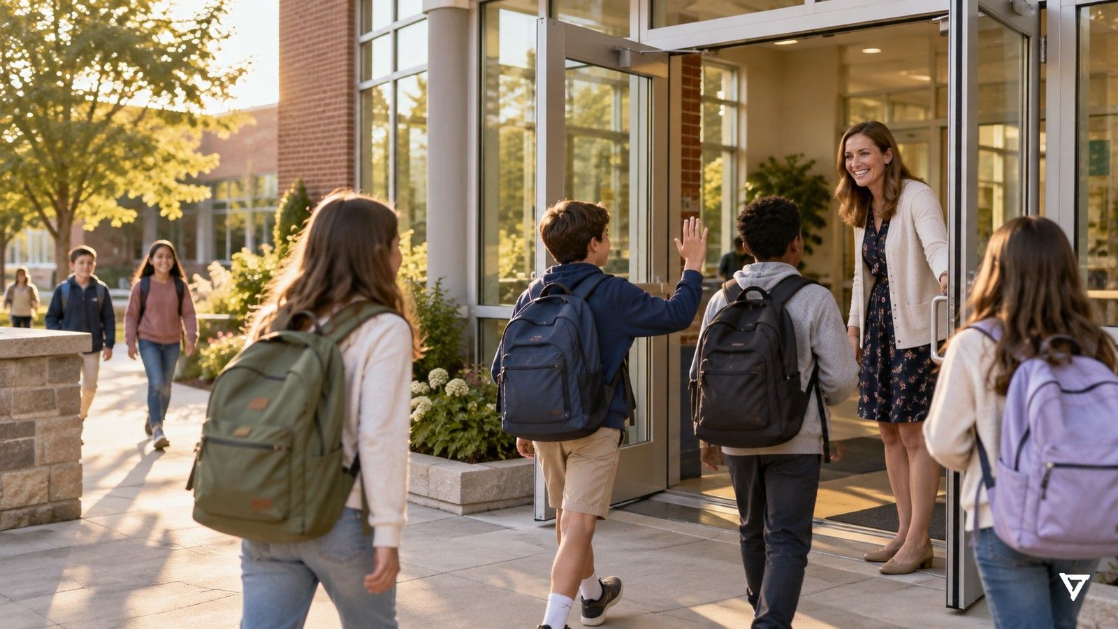 Students with backpacks walk into a sunlit school entrance at morning arrival as a smiling staff member holds the door and greets them.