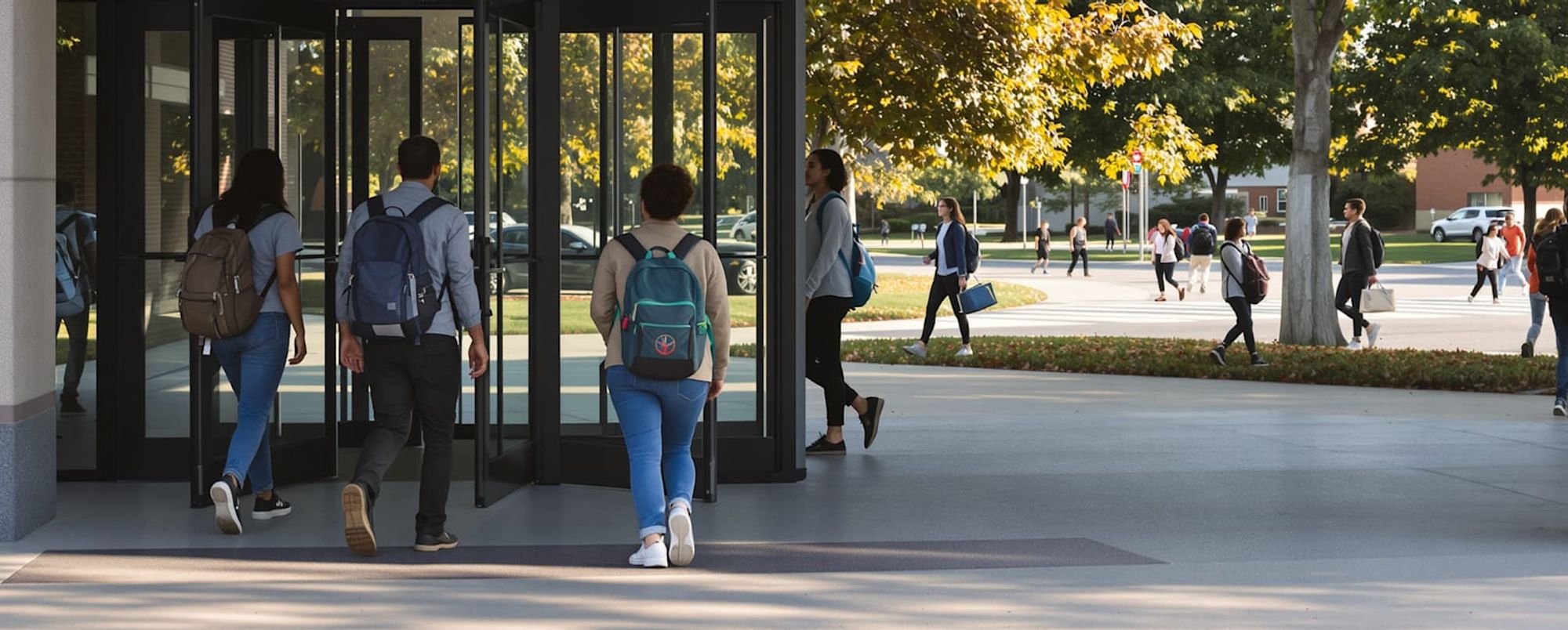Students walking into a school building on a bright autumn morning, with the campus visible beyond the entrance.