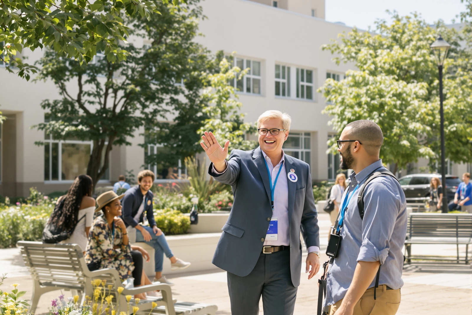A school leader waving hello to students and families in a sunny courtyard