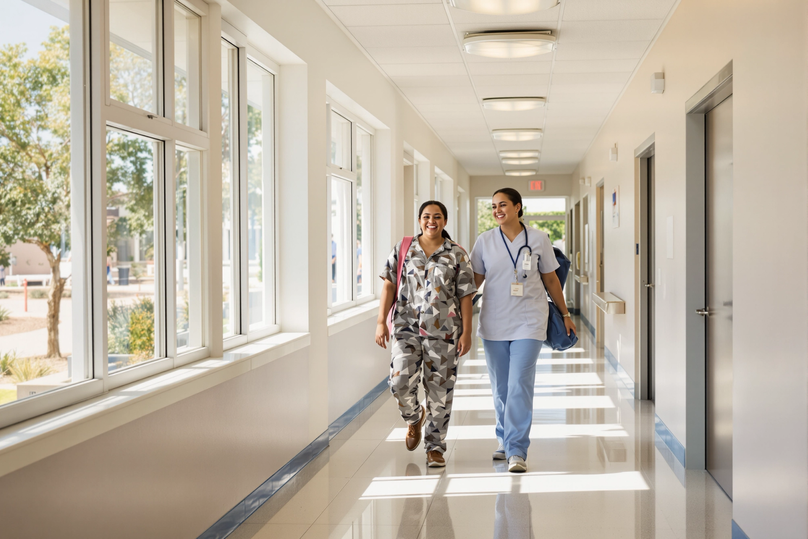 A nurse and a staff member walking together down a bright school hallway