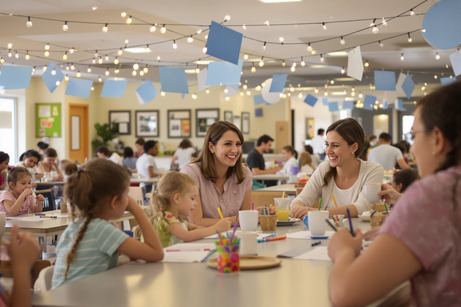 Parents and children doing crafts together at a school family night