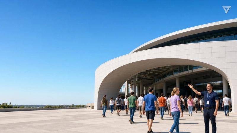 Fans in colorful casual shirts stream through a wide, open stadium archway on a sunny afternoon as a staff member in a navy polo waves them in.