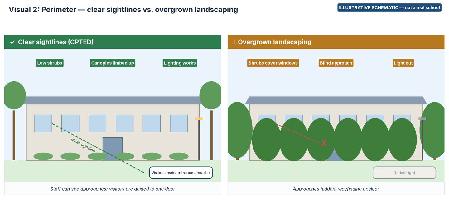 Schematic comparing a school front with low shrubs, limbed-up trees, working lights and a clear sightline to the entrance, with one where overgrown shrubs cover windows and a light is out.