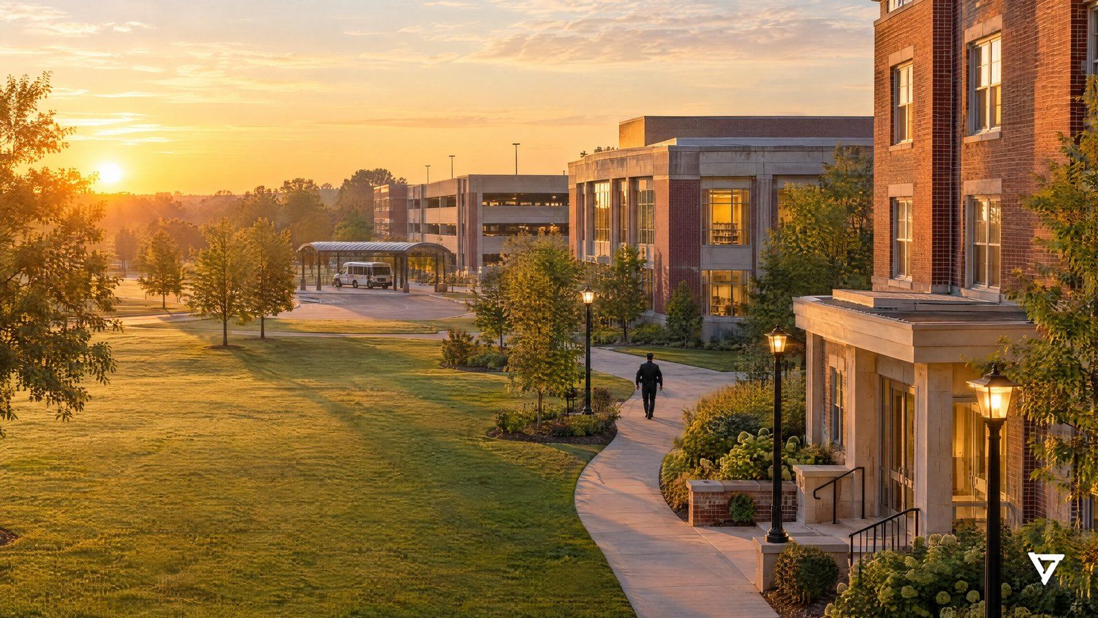 Campus at sunrise as an officer walks the path past the residence hall toward the parking deck.