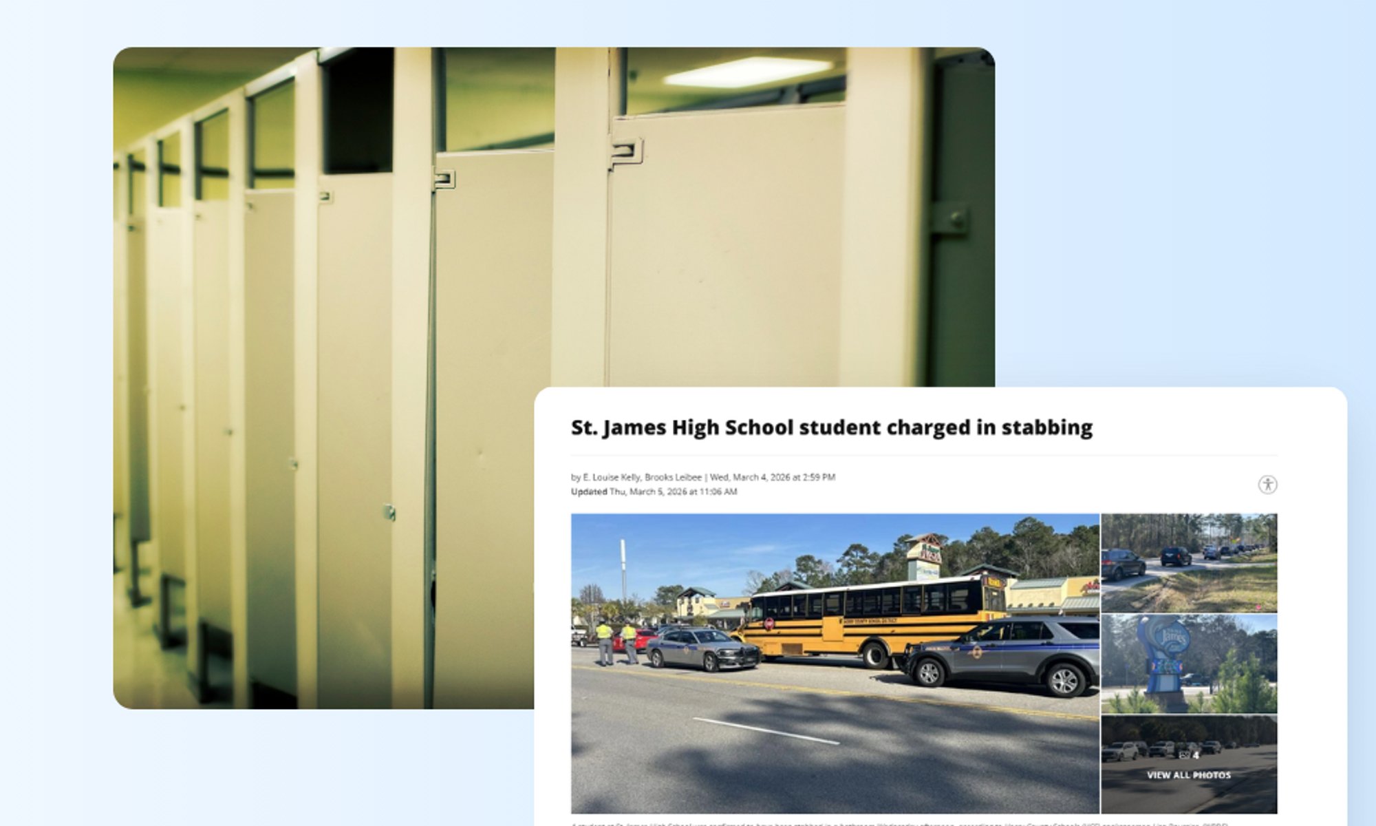 A student was stabbed in a bathroom at St. James High School in Horry County, South Carolina on March 4, 2026. The incident raises critical questions about blind spot coverage in school security — specifically in spaces where cameras typically don't go.
