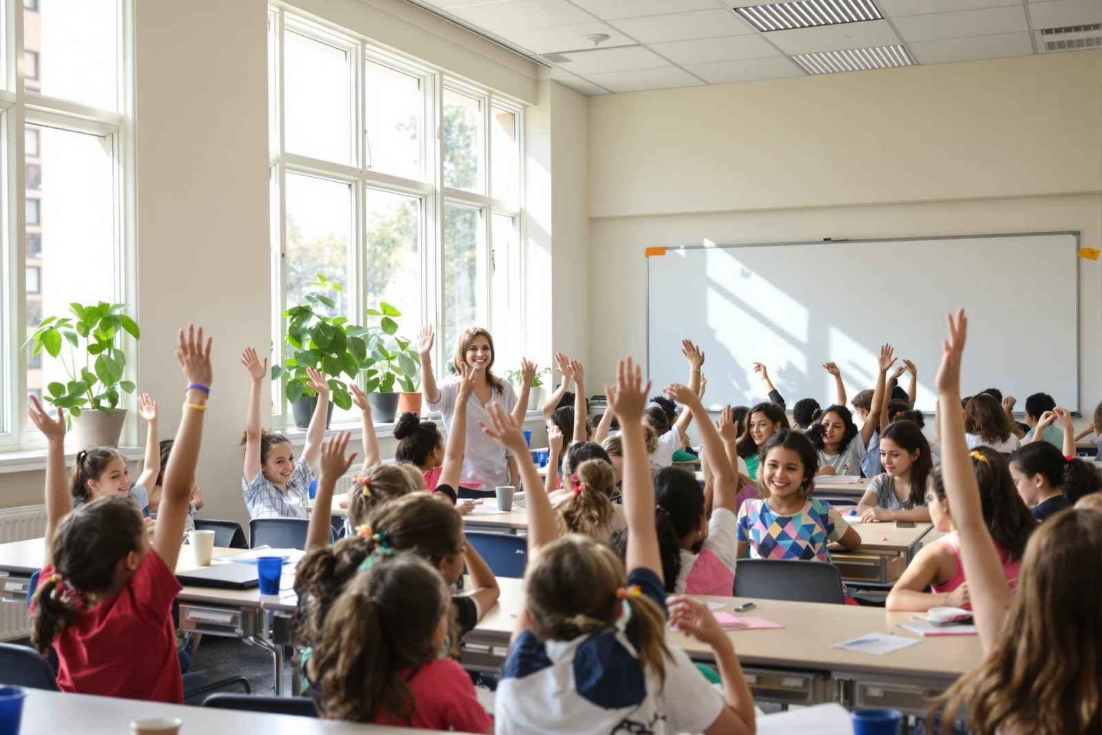 Elementary students eagerly raising their hands in a bright, sunlit classroom