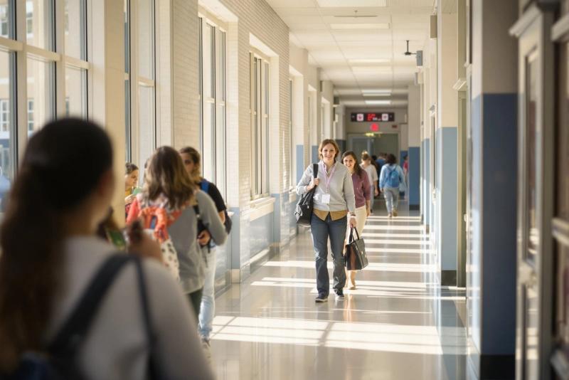 A staff member in a school hallway in daylight.