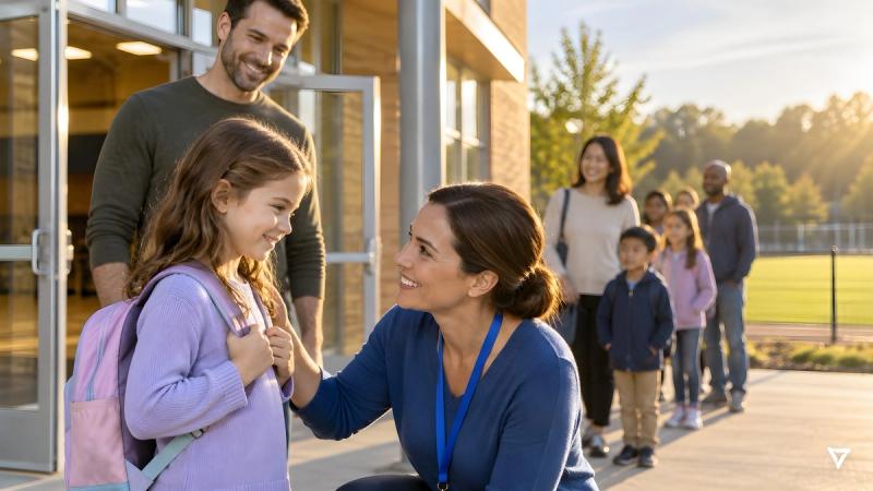 A school staff member kneels to talk with a smiling young student outside a sunlit school entrance as her father and other families wait calmly nearby.