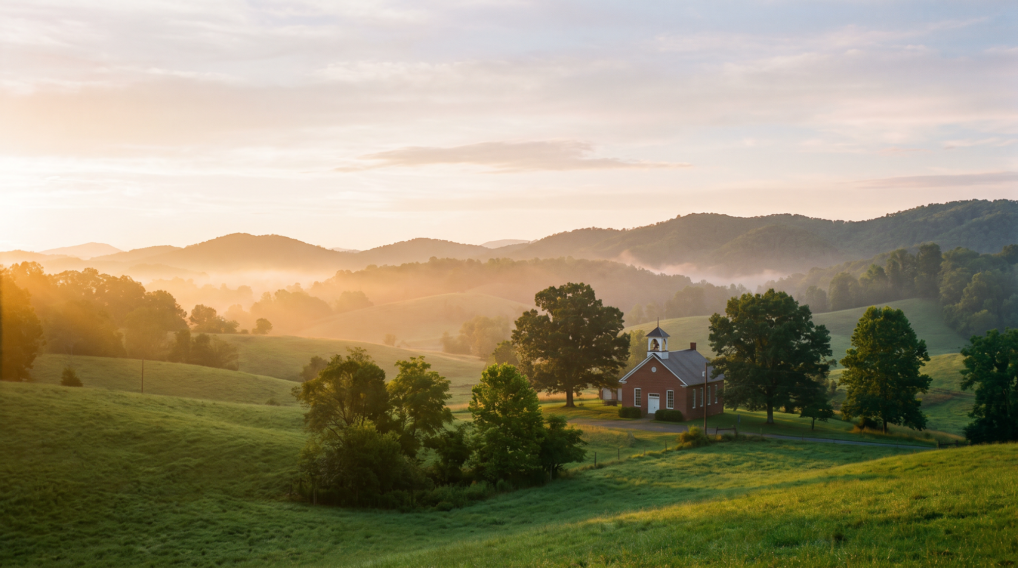 A small brick schoolhouse among rolling Tennessee foothills at sunrise.