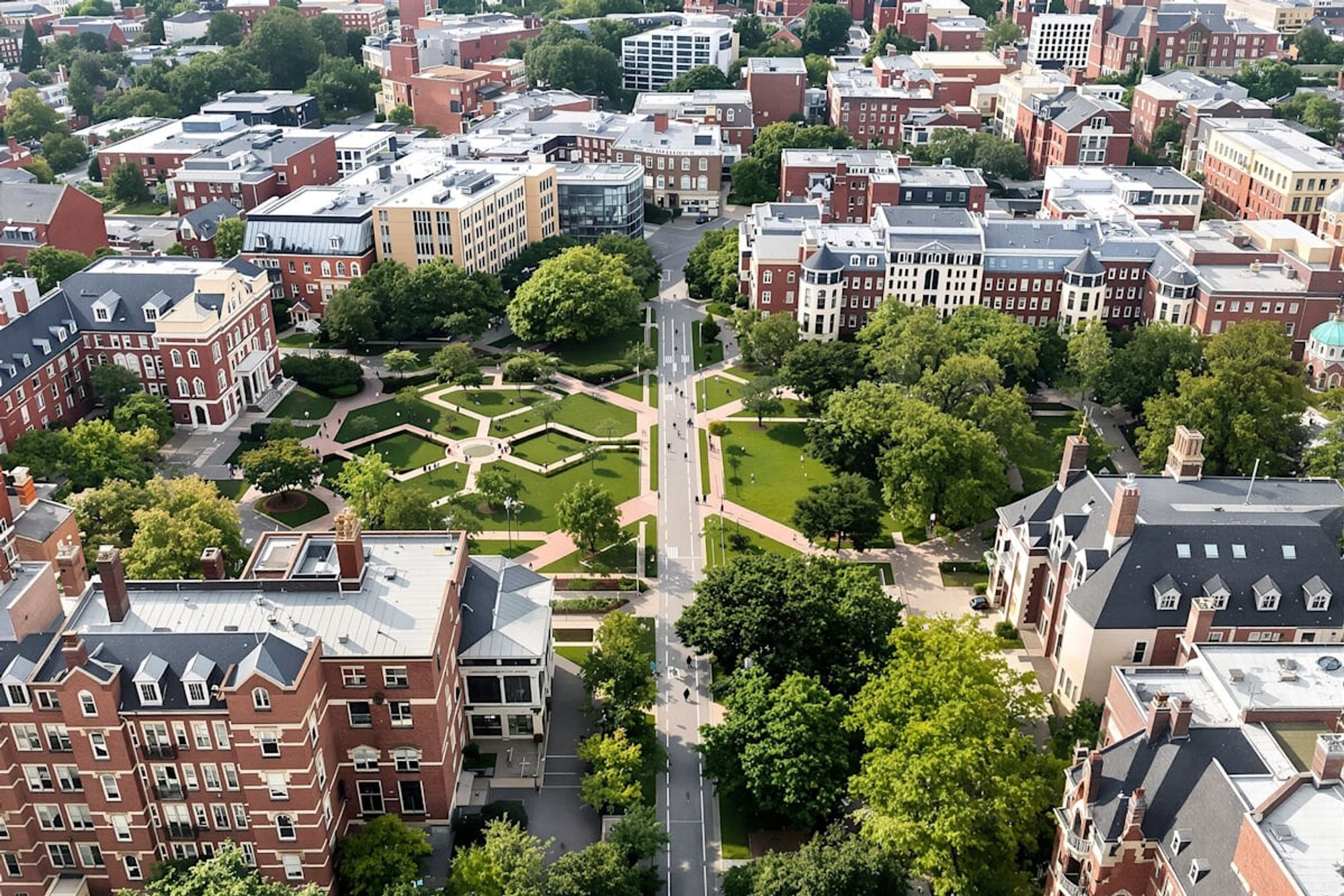 An aerial view of an urban university campus with green quadrangles between city streets.