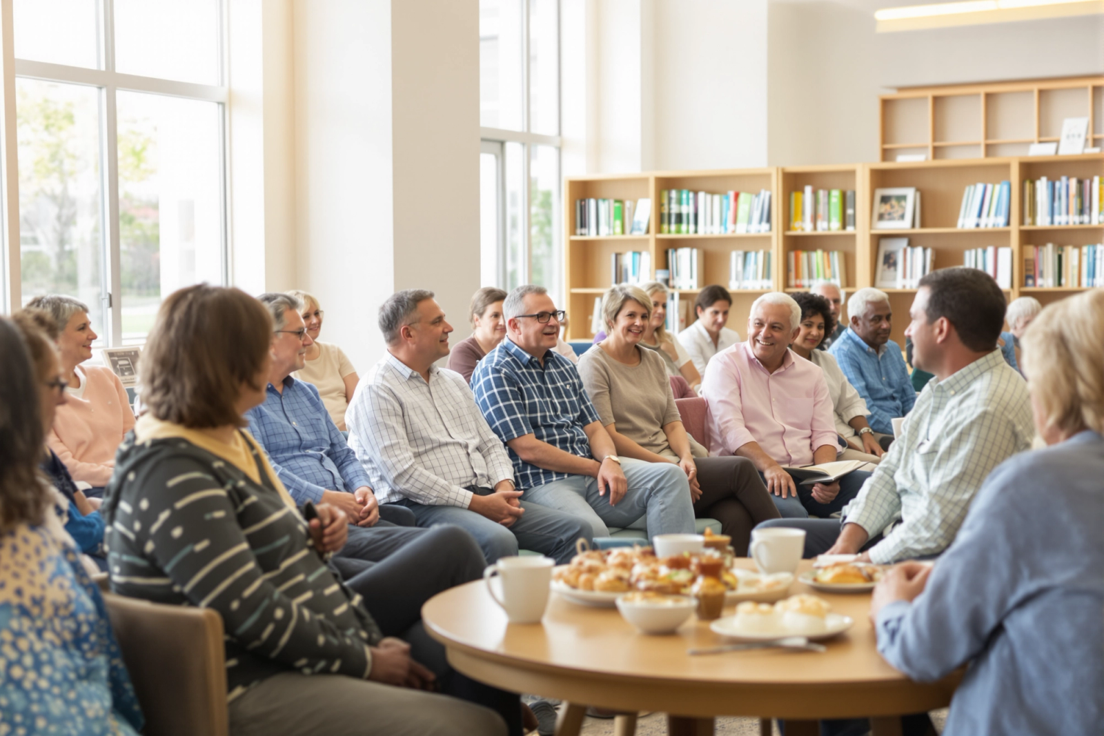 Community members talking together in a friendly library meeting room