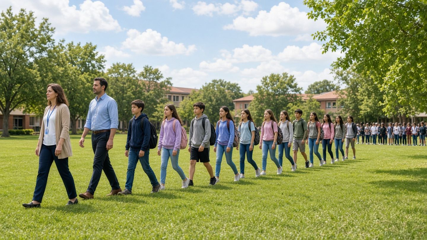 Students walk in an orderly line across a sunny school field with teachers alongside them during a practice drill.