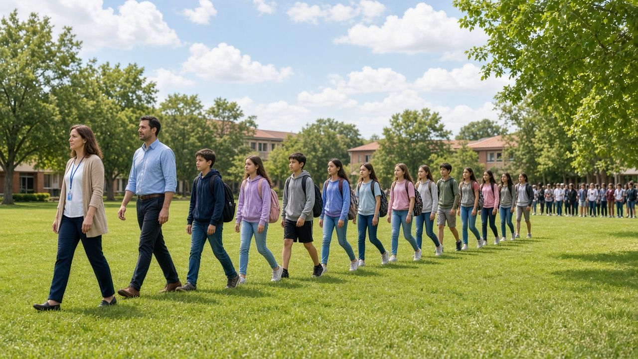 Students walk in an orderly line across a sunny school field with teachers alongside them during a practice drill.