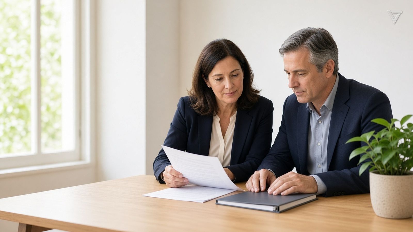 Two school administrators review printed documents together at a wooden table in a bright, quiet office.