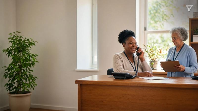 A smiling school staff member with a lanyard answers a desk phone at a sunlit school front office while a colleague with a clipboard stands nearby.