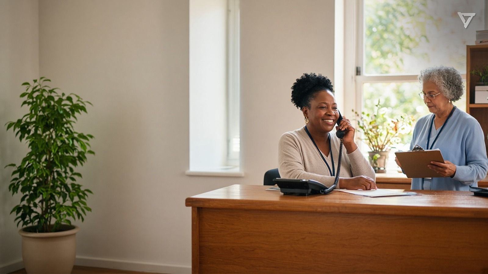 A smiling school staff member with a lanyard answers a desk phone at a sunlit school front office while a colleague with a clipboard stands nearby.