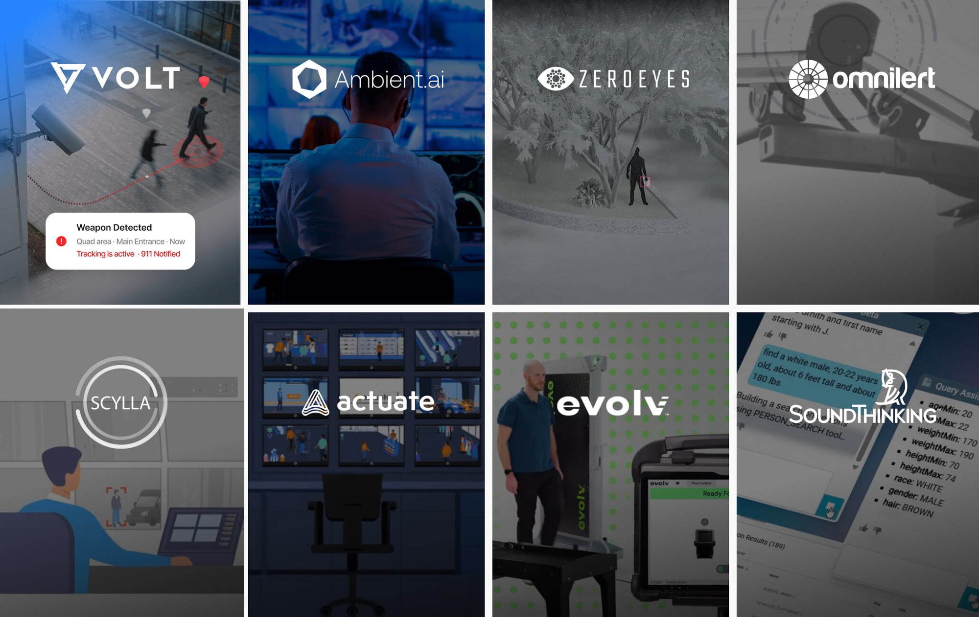 Eight AI gun detection providers shown side by side: VOLT, Ambient.ai, ZeroEyes, Omnilert, Scylla, Actuate, Evolv and SoundThinking.