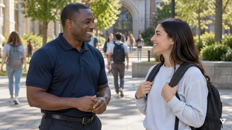 A campus safety officer in a navy polo chats with a smiling student on a sunlit university plaza.