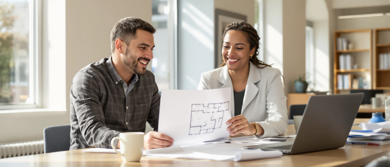 Two colleagues smiling as they review a school floor plan together at a sunny desk
