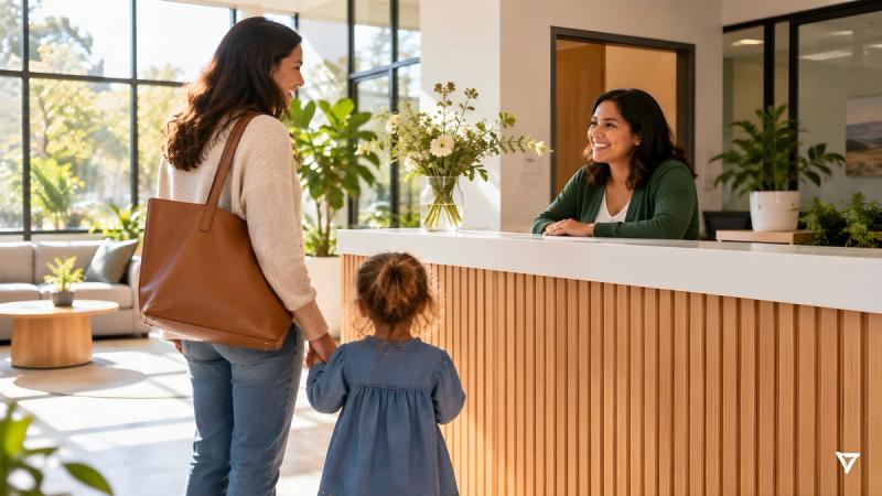 A school receptionist warmly welcomes a parent and young daughter at a bright front-office counter in morning sunlight.