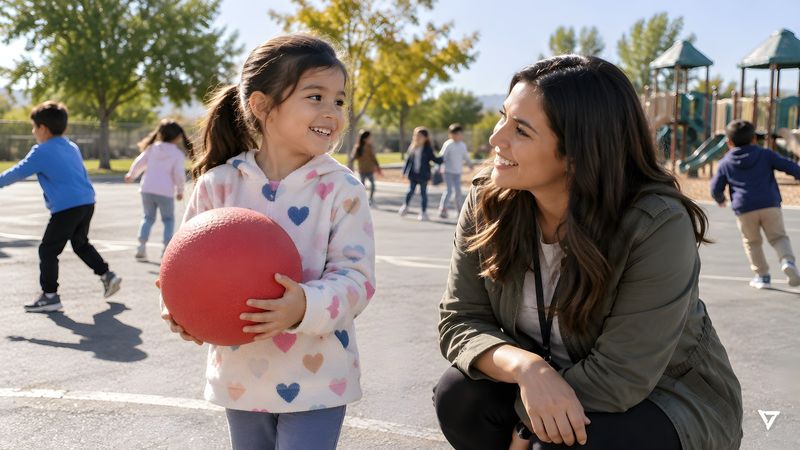 A smiling young student holds a red playground ball on a sunny school blacktop while a classroom aide kneels beside her at eye level. Other children play near a playground in the background.