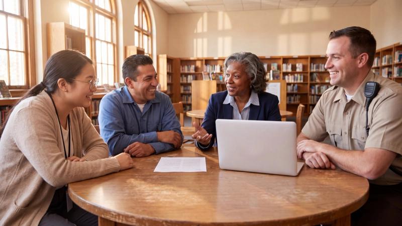 A school safety team of a principal, facilities lead, counselor and school resource officer talks around a sunlit library table with a printed checklist and a laptop.