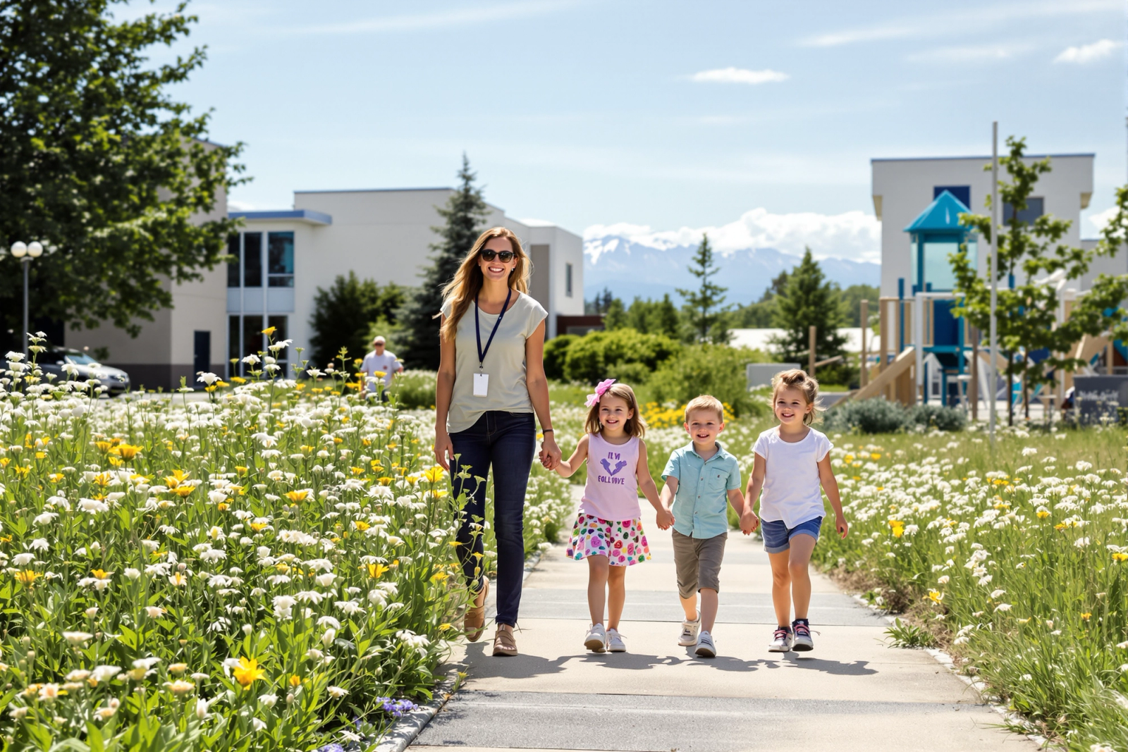 A teacher walking young students along a wildflower path at school