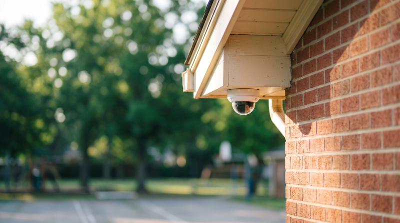 A small dome camera under the eave of a brick school building, with a leafy schoolyard beyond.