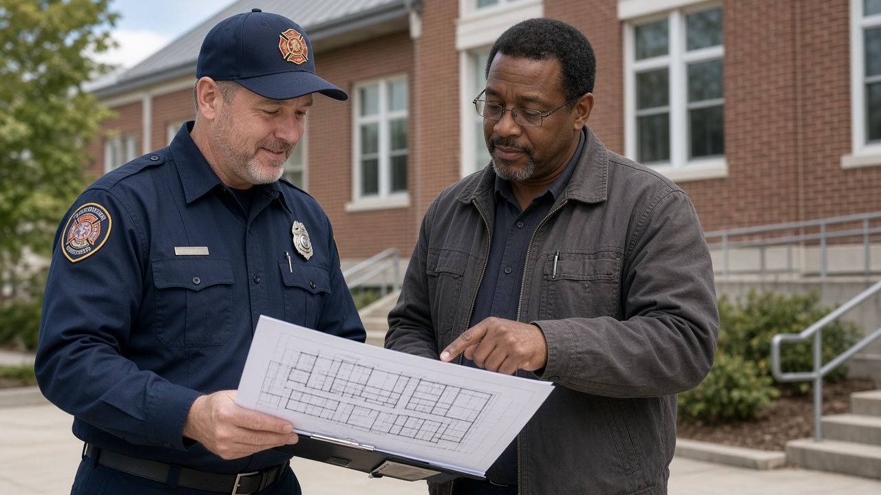 A uniformed first responder and a school staff member stand outside a brick school building reviewing a printed floor plan together.