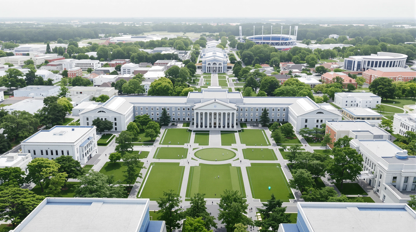 Aerial view of a university campus with residence halls, libraries, parking and athletics areas marked
