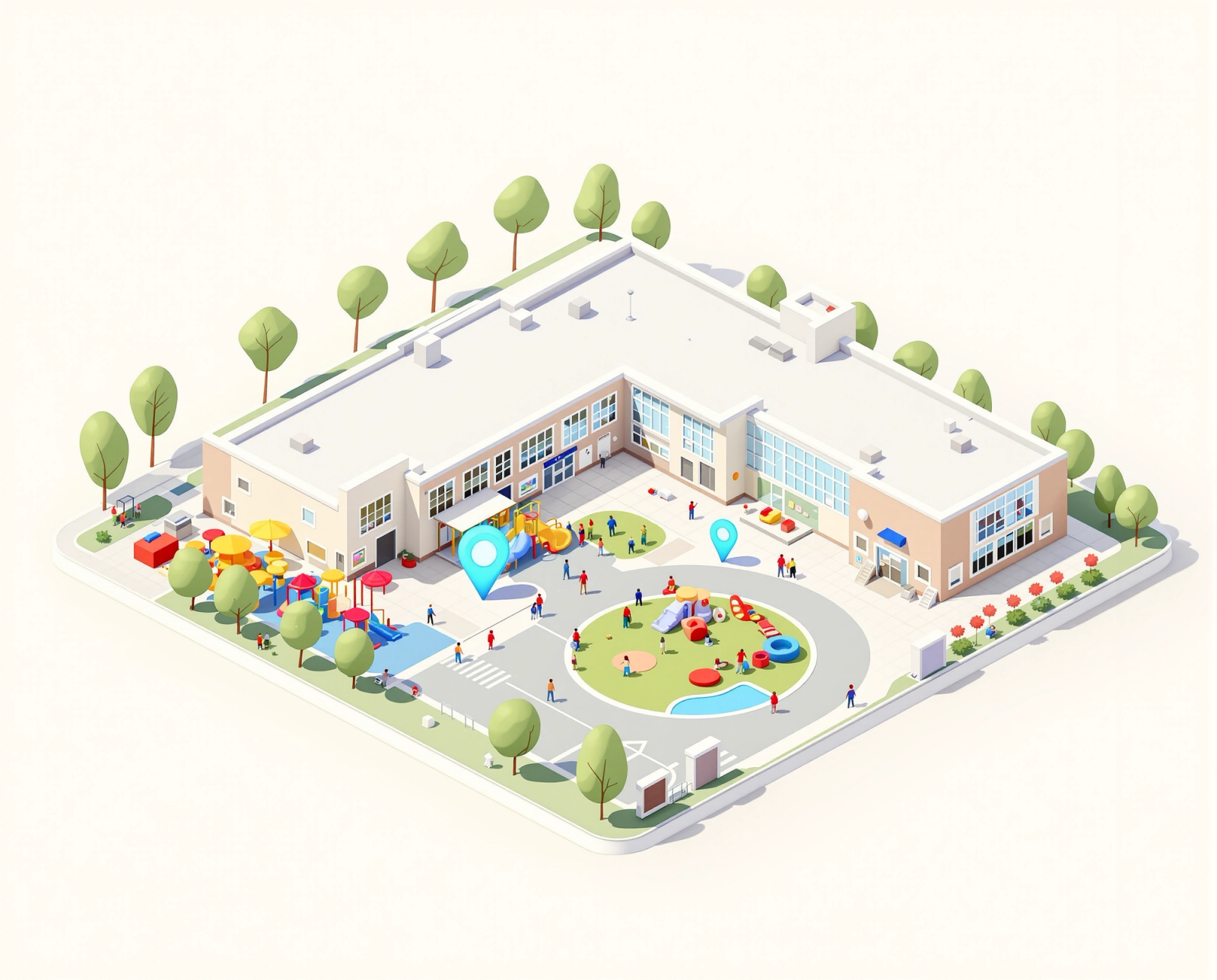 A 3D map of an elementary school showing the nurse’s office and the hallway where help is needed