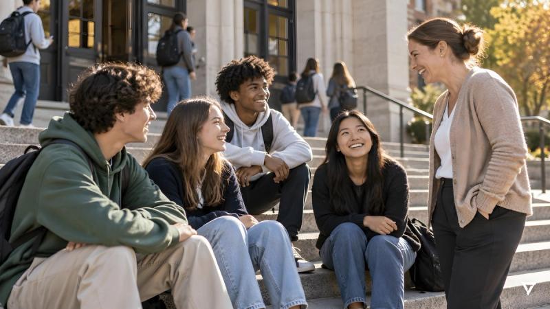 High school students sit on sunny stone school steps between classes, laughing with a staff member in a cardigan.