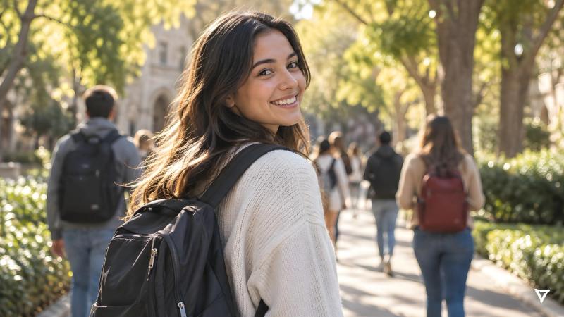 A smiling college student with a backpack looks back over her shoulder on a sunny, tree-lined campus walkway.