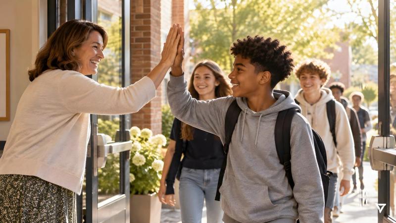 A teacher high-fives a smiling middle-school student at the sunlit front doors of a school as classmates arrive behind him.