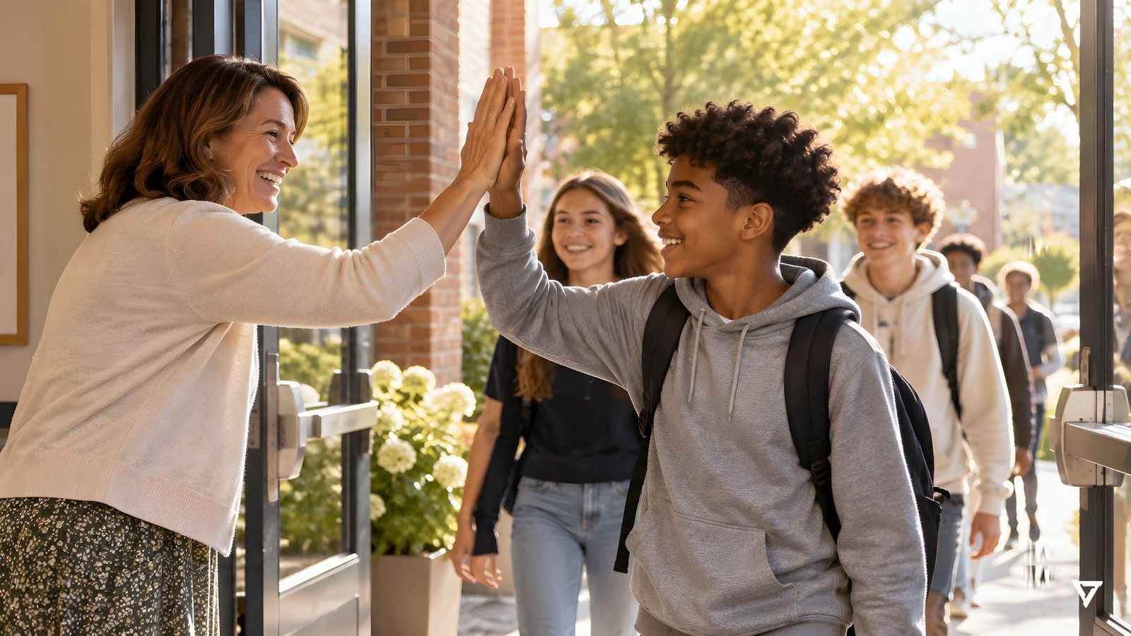A teacher high-fives a smiling middle-school student at the sunlit front doors of a school as classmates arrive behind him.