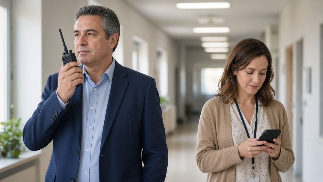 In a school hallway, an administrator speaks into a handheld two-way radio while a colleague beside him checks a message on her phone.