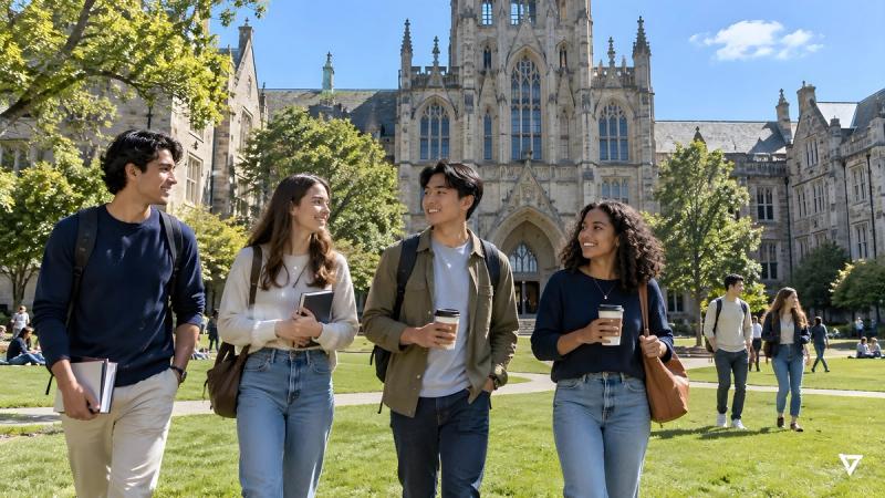 College students with books and coffee walk across a green quad in front of a Gothic stone campus building at midday.
