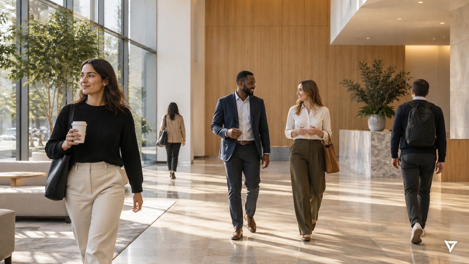 People walk through a bright, modern building lobby with wood walls and tall windows, one woman carrying a coffee and two colleagues chatting.