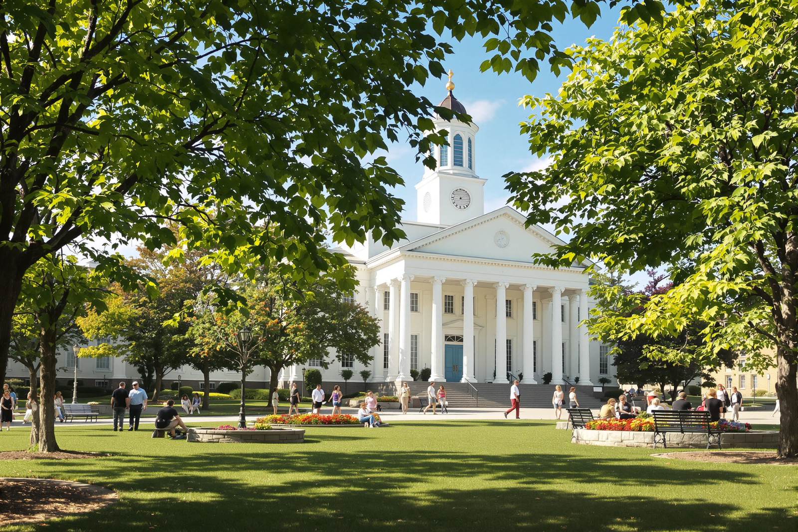 A historic county courthouse on a sunny day, framed by green trees