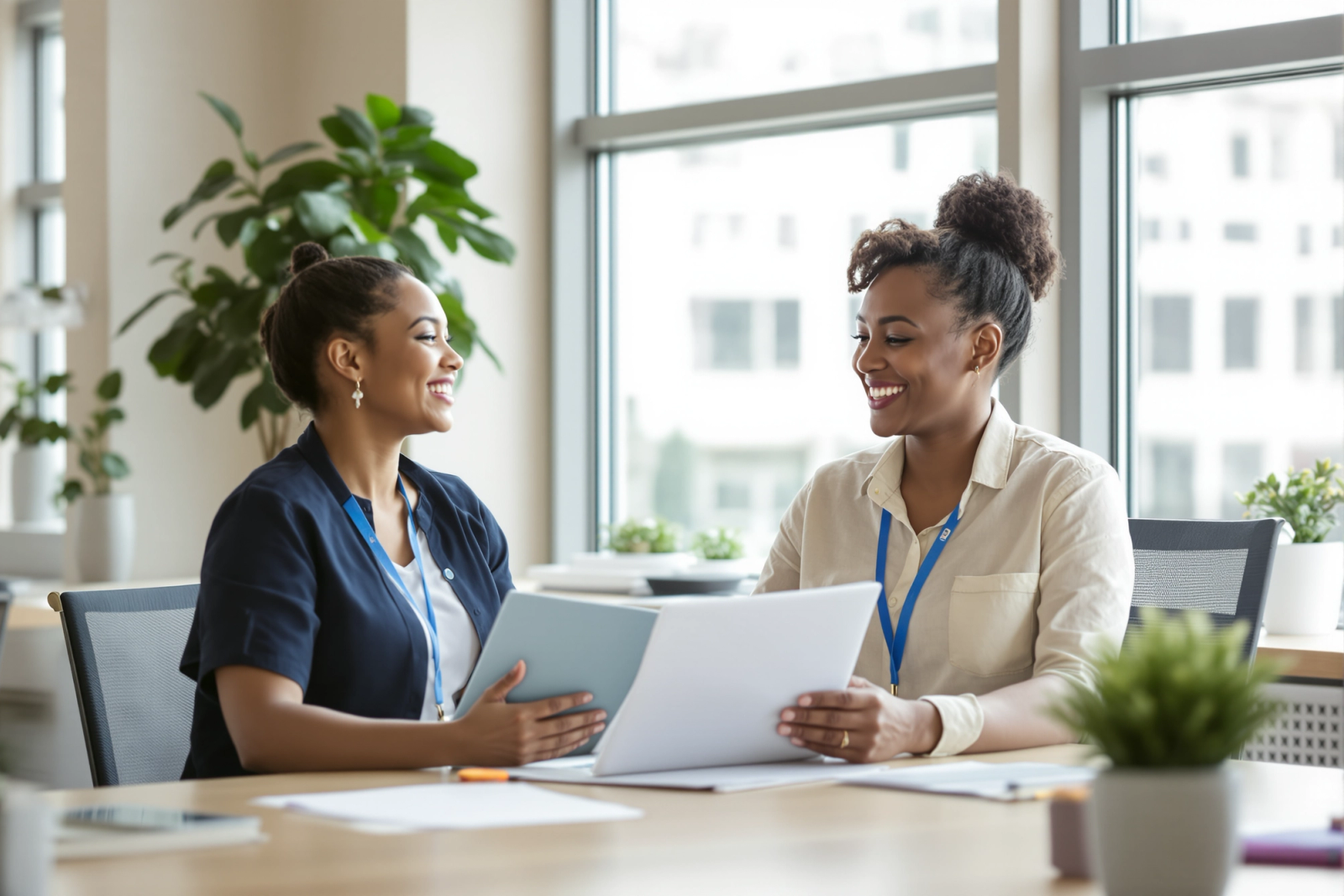 Two colleagues smiling as they review documents together at a bright office table